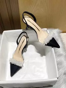 Босоножки Baotou женские весна-лето 2025 новые французские прозрачные заостренные белые туфли на высоком каблуке-шпильке 35 чёрный