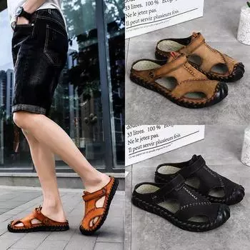Босоножки больших размеров для весны и лета, пляжная обувь, сумка на голову, кожаные, классные тапочки, спортивная обувь для отдыха, сшитые вручную мужские сандалии 38 чёрный