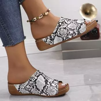 Босоножки большого размера с толстым каблуком и принтом «рыбий рот», летние 2024 г., женские, сексуальные, повседневные тапочки с леопардовым принтом 36