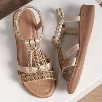 Босоножки большого размера женские летние 2024 новые босоножки на танкетке со стразами в стиле бохо 35 золотой