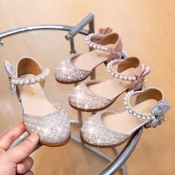 Босоножки для девочек, элегантные детские туфли принцессы для свадебной вечеринки, модные детские туфли со стразами и бантом, противоскользящие 26 бежевый