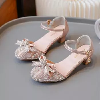 Босоножки для девочек, летние модные туфли принцессы, детские туфли на высоком каблуке со стразами, детские одинарные кожаные туфли 27 розовый