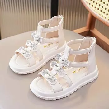 Босоножки для девочек, летние открытые туфли принцессы со стразами, римские сандалии для учениц средней и старшей школы, для девочек и детей 26 белый