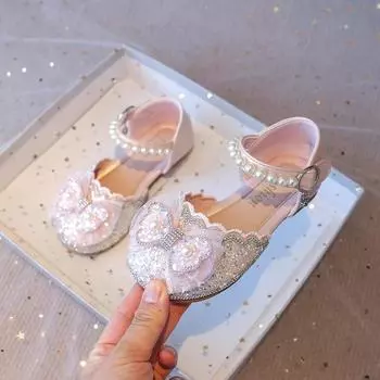 Босоножки для девочек Принцесса Блеск 2025 Весна Лето Новые Кристальные Бабочки Милые Симпатичные Горячие Детские Полубосоножки Обувь для Свадебной Вечеринки 26 розовый