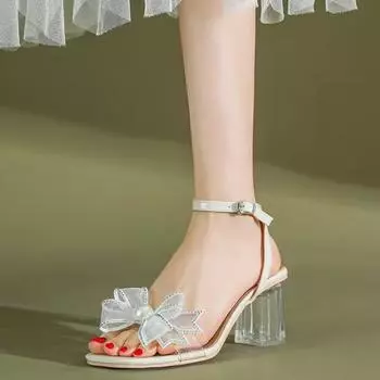 Босоножки Fairy Wind на высоком каблуке с кристаллами, новинка 2025 года, мягкие кожаные босоножки с пряжкой и бантом, женские летние босоножки на среднем толстом каблуке 34