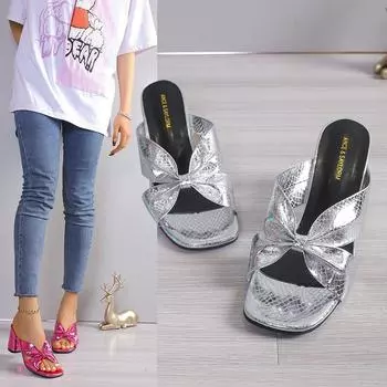 Босоножки и сандалии 2024 года, новый стиль, сандалии из кожи с открытым носком и толстым каблуком, женские 34 серебряный