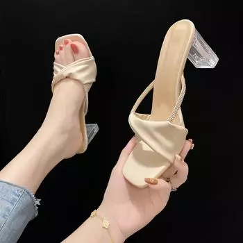Босоножки и тапочки с квадратным носком на шпильке, женская летняя мода, туфли на высоком каблуке, сказочный ветер, нежные тапочки на каблуках для женщин 35 бежевый