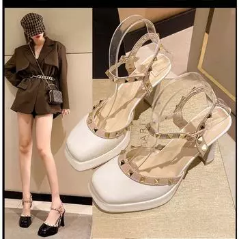 Босоножки Мэри Джейн на платформе с заклепками, туфли Мэри Джейн, туфли-лодочки с пряжкой, женская элегантная обувь с мелким квадратным носком, уличная женская обувь белого цвета 35