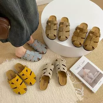 Босоножки-мешки на плоской подошве в стиле ретро, женская обувь, новинка лета 2025 года, матовая кожа, плетеная, рыбья кость, римские туфли 35 хаки