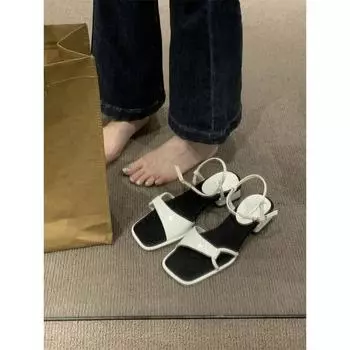 Босоножки на грубом каблуке женская обувь весна-лето 2024 новая квадратная модель с открытым носком нишевая юбка высокого класса римские туфли 35 белый