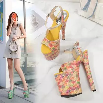 Босоножки на каблуках 20 см с принтом в китайском стиле, новые женские туфли на толстой подошве для ночного клуба, туфли на шесте для танцев на пилоне, модельные туфли для подиума, 2024 г. 35 зелёный