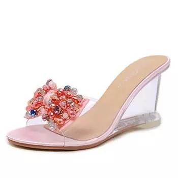 Босоножки на каблуке 8,5 см, женские летние пикантные туфли на высоком каблуке с кристаллами, водные тапочки на наклонном каблуке LFD 41 чёрный