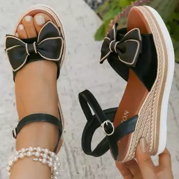 Босоножки на каблуке-каблуке, женские, летние, с толстой подошвой, с круглым носком, с открытым носком, модные, с бантом, большого размера, женская обувь 35
