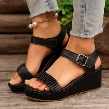 Босоножки на каблуке с наклоном, женские летние модные босоножки с толстой подошвой и пряжкой на высоком каблуке большого размера 35