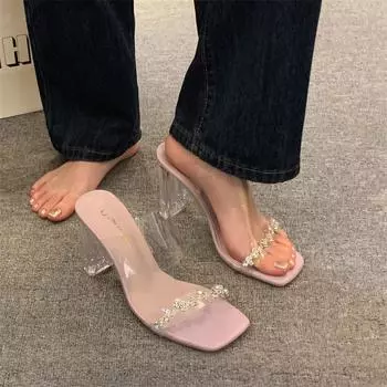 Босоножки на каблуке со стразами и прозрачными кристаллами, женские летние туфли с высоким чувством, туфли на толстом каблуке, босоножки на высоком каблуке 35
