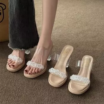 Босоножки на каблуке со стразами и прозрачными кристаллами, женские летние туфли с высоким чувством, туфли на толстом каблуке, босоножки на высоком каблуке 35