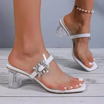 Босоножки на каблуке со стразами, женские, летние, модные, на толстом высоком каблуке, женские, с квадратным носком, со стразами, для вечеринок 36