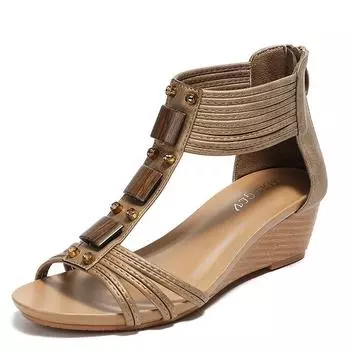 Босоножки на каблуке в стиле бохо с одним ремешком, винтажные, с бусинами сзади, с молнией в римском стиле 36 чёрный