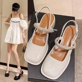 Босоножки на массивном каблуке с квадратным носком в стиле ретро, летние туфли на высоком каблуке с пряжкой сзади, пустые туфли со стразами и закрытым носком 35