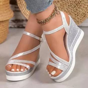 Босоножки на платформе с покатым каблуком женские летние водонепроницаемые простые 2025 новые модные кексы водонепроницаемые столовые высокие каблуки универсальные 35 серебряный