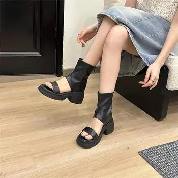 Босоножки на платформе в стиле ретро с открытым носком для женщин, толстые римские туфли, высокие полые ботинки с молнией сзади и квадратным каблуком 35