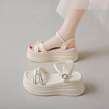 Босоножки на платформе женские летние 2024 новые модные туфли-маффины со стразами и юбками универсальные римские туфли для увеличения роста невысоких людей 34 белый