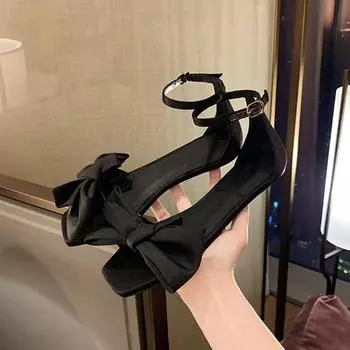 Босоножки на плоской подошве с бантом женские 2024 года, новая французская пряжка с одним словом и открытым носком, классные тапочки 35 чёрный