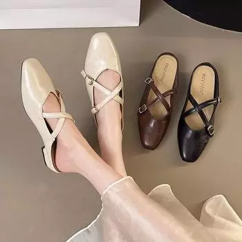 Босоножки на плоской подошве с юбкой, классные тапочки, женская мода, сумка, голова, полутапочки Мэри Джейн, ретро, коричневые, мюллеры 35 чёрный