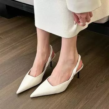 Босоножки на шпильках Туфли с закрытым носком Костюм женский бежевый 2024 Лето Небольшой носок Открытый Прозрачный Стразы Комфорт Черный 35-39 35 бежевый