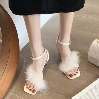 Босоножки на шпильках, женская летняя обувь 2022 года, модные босоножки с квадратным носком и ремешком на щиколотке, дизайнерские свадебные туфли на каблуках, сексуальные туфли для стриптиза 35 чёрный