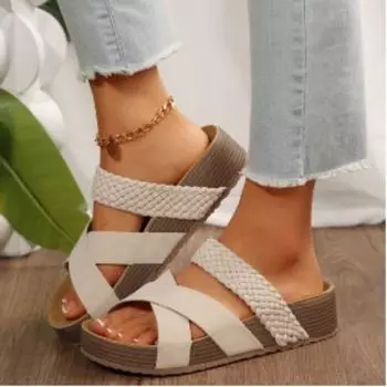 Босоножки на среднем каблуке с плетением, элегантные тапочки с открытым носком и толстой подошвой для женщин 35 бежевый