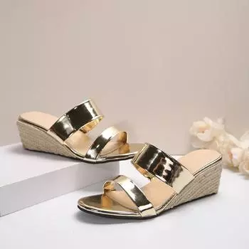 Босоножки на танкетке 2025 года, летние, импортные, большого размера, пеньковая веревка, повседневные, с открытым носком, водонепроницаемые, настольные тапочки на высоком каблуке 36 золотой