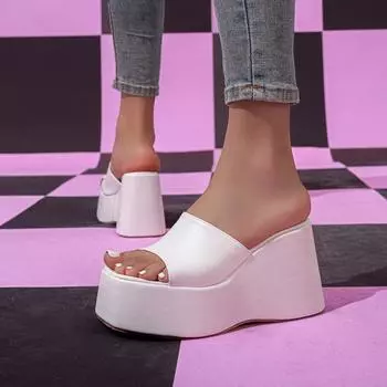 Босоножки на танкетке 2025 лето новинка увеличение высоты рыба носок подиум уличные платформа шлепанцы 35 белый