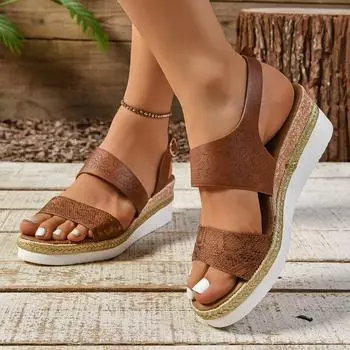 Босоножки на танкетке большого размера для женщин, лето 2024 года, новые односимвольные европейские и американские сандалии из пеньковой веревки с толстой подошвой и пряжкой для женщин 36 чёрный