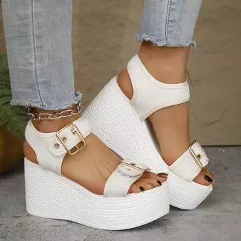 Босоножки на танкетке большого размера, лето 2025, новые женские босоножки на толстой подошве с эластичной танкеткой и одной педалью 35