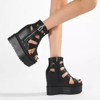 Босоножки на танкетке и платформе, женские модные туфли-маффины с застежкой-молнией и перекрестными ремешками, римские сандалии 35 чёрный