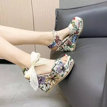 Босоножки на танкетке на высоком каблуке в стиле бохо, женские, водонепроницаемые, с цветочным принтом и лентой, пляжные туфли 35 серый