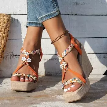 Босоножки на танкетке с металлическим декором для женщин, летние гладиаторские сандалии на платформе с плетеными полосками, женские пляжные сандалии с толстой подошвой, женские 35 оранжевый