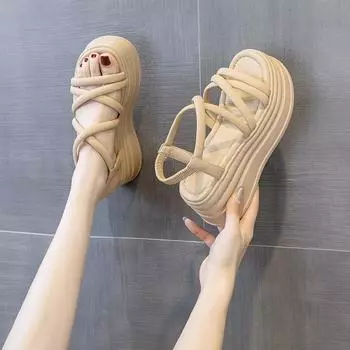 Босоножки на танкетке с перекрестными ремешками, женские летние туфли на массивной платформе, женские шлепанцы с толстой подошвой, шлепанцы 39 белый