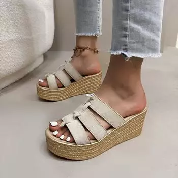 Босоножки на танкетке с толстой подошвой, летняя новинка 2025, ретро босоножки с открытым носком на танкетке 35 бежевый