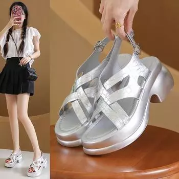 Босоножки на танкетке, женские летние новые туфли на толстой подошве с перекрестными ремешками, римские туфли, удобные и дышащие женские туфли 35 чёрный