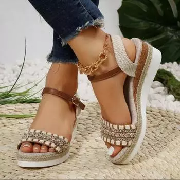 Босоножки на танкетке женские лето 2024 новые женские босоножки на платформе с пряжкой в форме рыбьего рта 36 абрикосовый