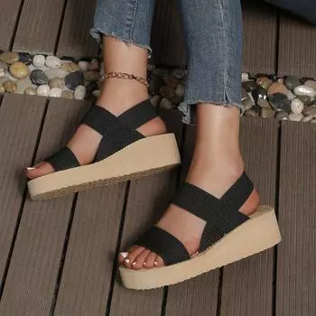 Босоножки на танкетке женские весна 2024 новые женские босоножки на платформе с открытым носком и эластичной резинкой в наличии 36 чёрный