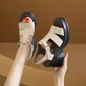 Босоножки на толстой подошве для женщин, лето 2024, новые туфли на высоком каблуке, модные и высококачественные, толстые каблуки, универсальная женская обувь 35 бежевый