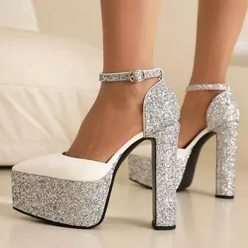 Босоножки на толстом каблуке с блестками, женские, летние, новые, водонепроницаемые, с пряжкой в одно слово, женские туфли на очень высоком каблуке 15 см 34 красный