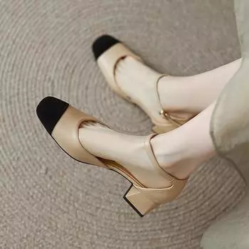 Босоножки на толстом каблуке в стиле ретро для женщин, лето 2024 г., новые универсальные полуботинки с плоским ремнем и полыми одинарными носками 34