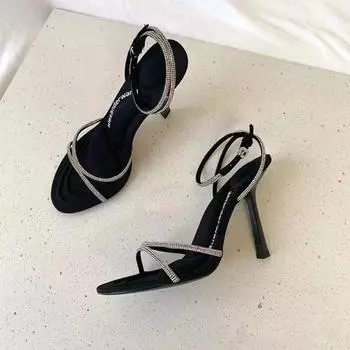 Босоножки на высоком каблуке 2025 весна и лето новые розовые туфли на высоком каблуке женские сандалии на тонком каблуке с пряжкой в одно слово и стразами 34