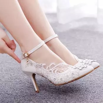 Босоножки на высоком каблуке для невесты, элегантные белые кружевные женские туфли-лодочки на шпильке с пряжкой на щиколотке, свадебные туфли с цветочным принтом 35 белый