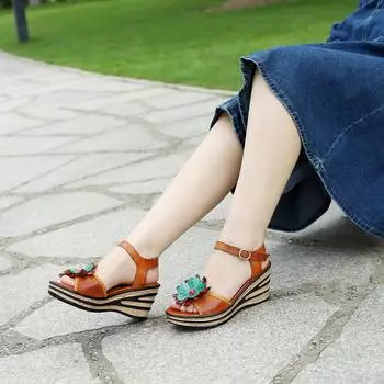 Босоножки на высоком каблуке из натуральной кожи с цветочной росписью, универсальные женские уличные тапочки в стиле ретро 36 коричневый