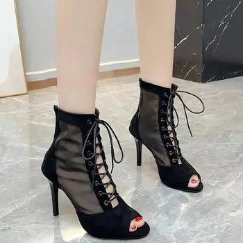 Босоножки на высоком каблуке, лето 2024, женские ботильоны, элегантная мода, дизайнерские черные туфли на шпильке с ремешками для стриптиза 34 чёрный